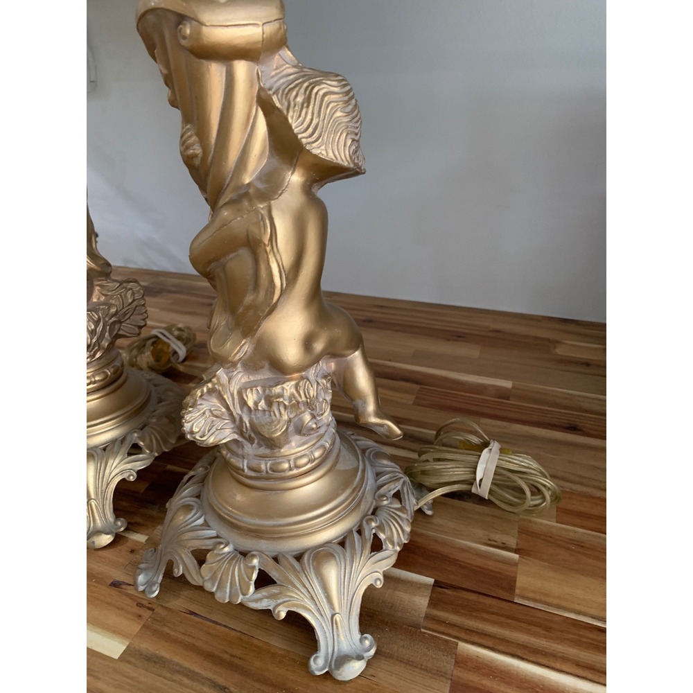 Vintage Gold Cherub Table Lamps Pair Ornate Regency Retro Old Money Quiet Luxury - Picture 4 of 8